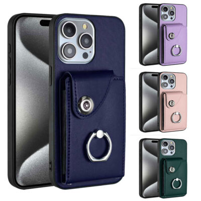 Leather Ring Card Slot Phone Case for Samsung 15 14 13 12 11 Pro Max XR XS 7 8
