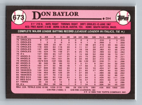 1989 Topps TIFFANY Don Baylor #673 - Oakland Athletics - Picture 2 of 2