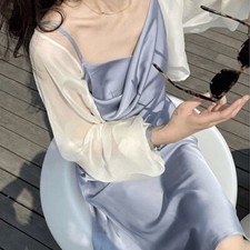 Ladies Shiny Satin Slip Dress Sleeveless Silky Frill Split Clubwear Bar Party