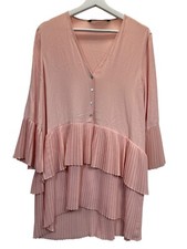 Zara Woman Dress Tunic Medium Pink Pleated Tiered Layer Bell Sleeves