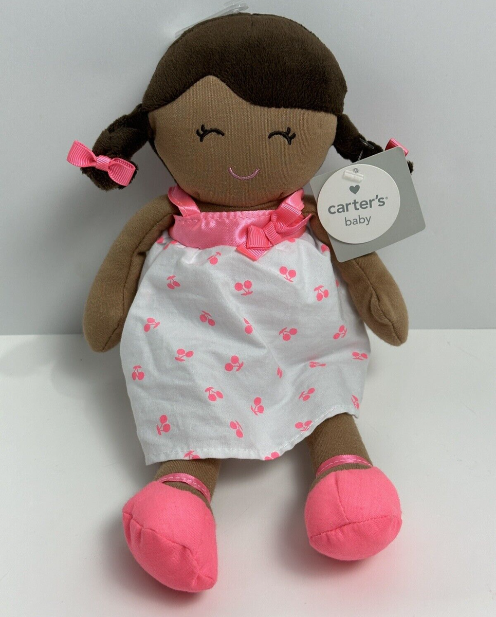 NWT Carters African American Black Hair Plush Baby Doll White Pink