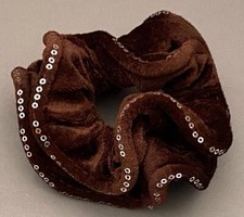 HUGE DOUBLE ROW BROWN VELVET SCRUNCHIE PONYTAIL HOLDER IRIDESCENT SEQUINS