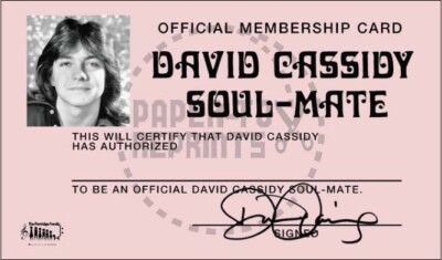 DAVID CASSIDY SOUL-MATE MEMBERSHIP CARD - VINTAGE REPRINT
