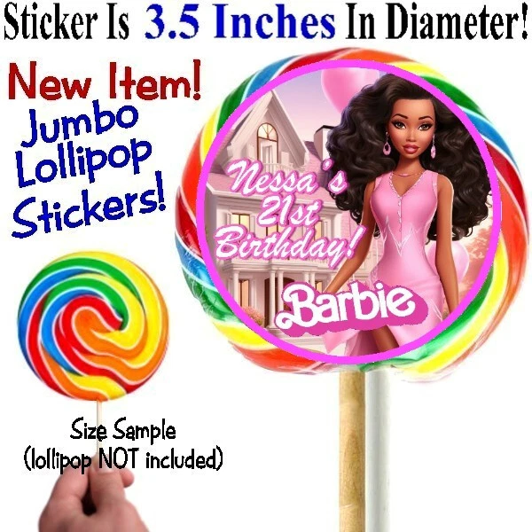 12 Black Ethnic Barbie Adult Birthday Party Jumbo Lollipop Stickers Labels
