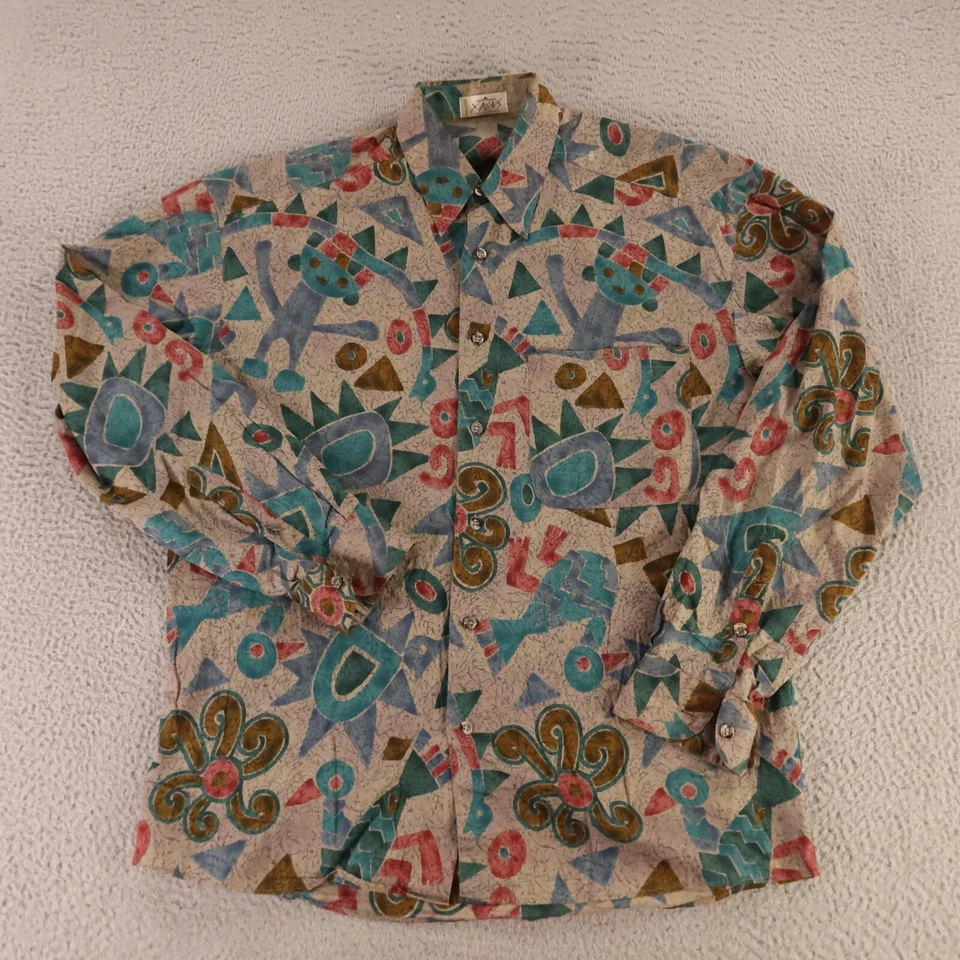 Xacus Shirt Mens M Green Geometric 100% Cotton Made in Italy Button Up 90s - Image 2 of 4