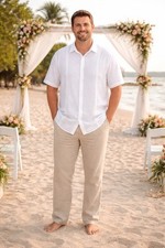 Guayabera Style Linen Blend Shirt White Short Sleeve Beach Wedding XXL