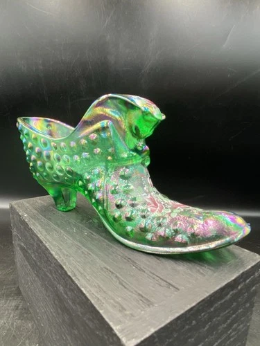Fenton Green Iridescent Carnival Glass HP V Gherke CatHead Slipper Shoe Figurine