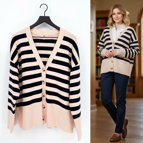 Entro Women's Small Nautical Knit Cream Black Stripe Cardigan