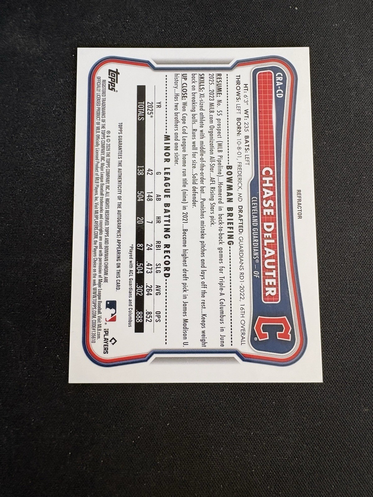 2026 Bowman Chrome Chase DeLauter RC Refractor Auto /499 Guardians CRA-CD view 2