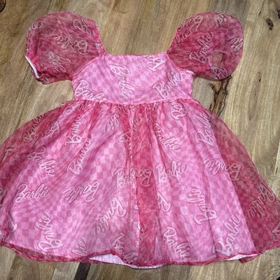 Girls Size 10/12 Checked Barbie Logo Dress Short Puff Sleeve