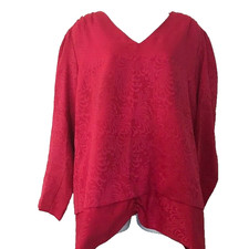 Hal Ferman Red V-Neck Blouse Top L/S Back Keyhole Size 18 Made In USA Vintage