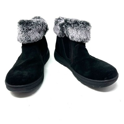 Khombu Size 7 Boots Black Leather Slip On Faux Fur Side Zip Winter Snow Warm