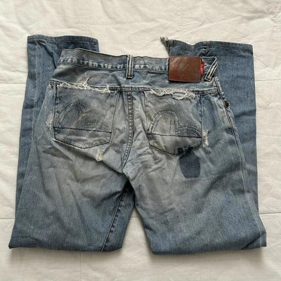 Evisu Light Wash Selvedge Distressed Denim Jeans Chewed Details 32 Japan