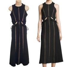 Self-Portrait Cut-Out Waist Lace Ruffle Midi Fit And Flare Dress Black/Nude 4