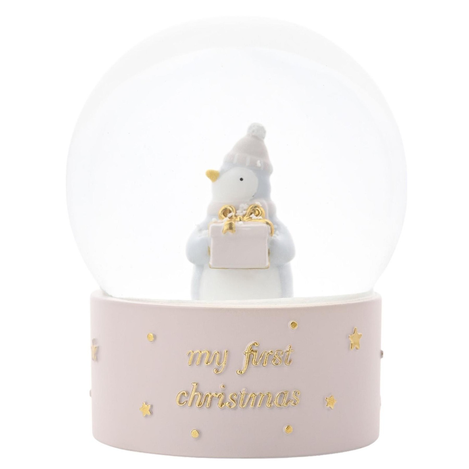 Christmas Snow Globe 'My First Christmas' Penguin Holding Gift by Bambino - Pink