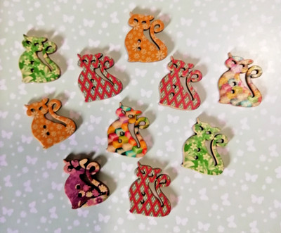 10 Katze Holzknöpfe, Kinder, Tier, Stricken, Nähen, gemischte Farben 