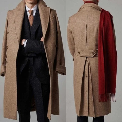Herren Tweed Brauner Mantel Fischgräte Jacke Gürtel Doppelreihig Winter Lang - Bild 1 von 4