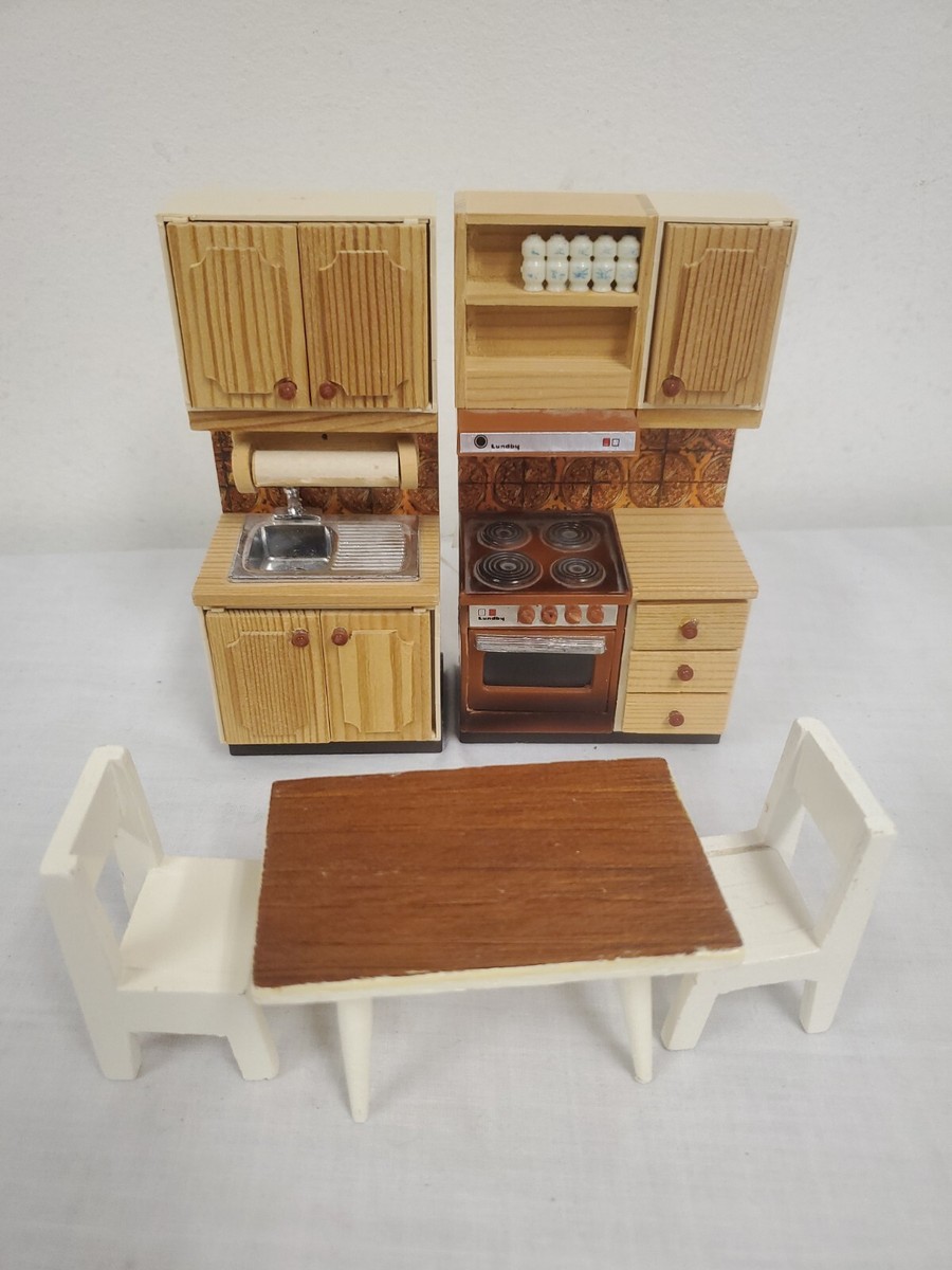 Vintage Lundby Dollhouse Kitchen Stove Oven Sink Cabinets Dinning