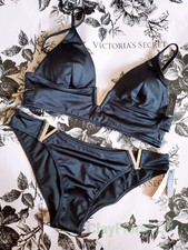 Victoria's Secret V-Hardware Bralette Bikini set rhinestones black gold swim