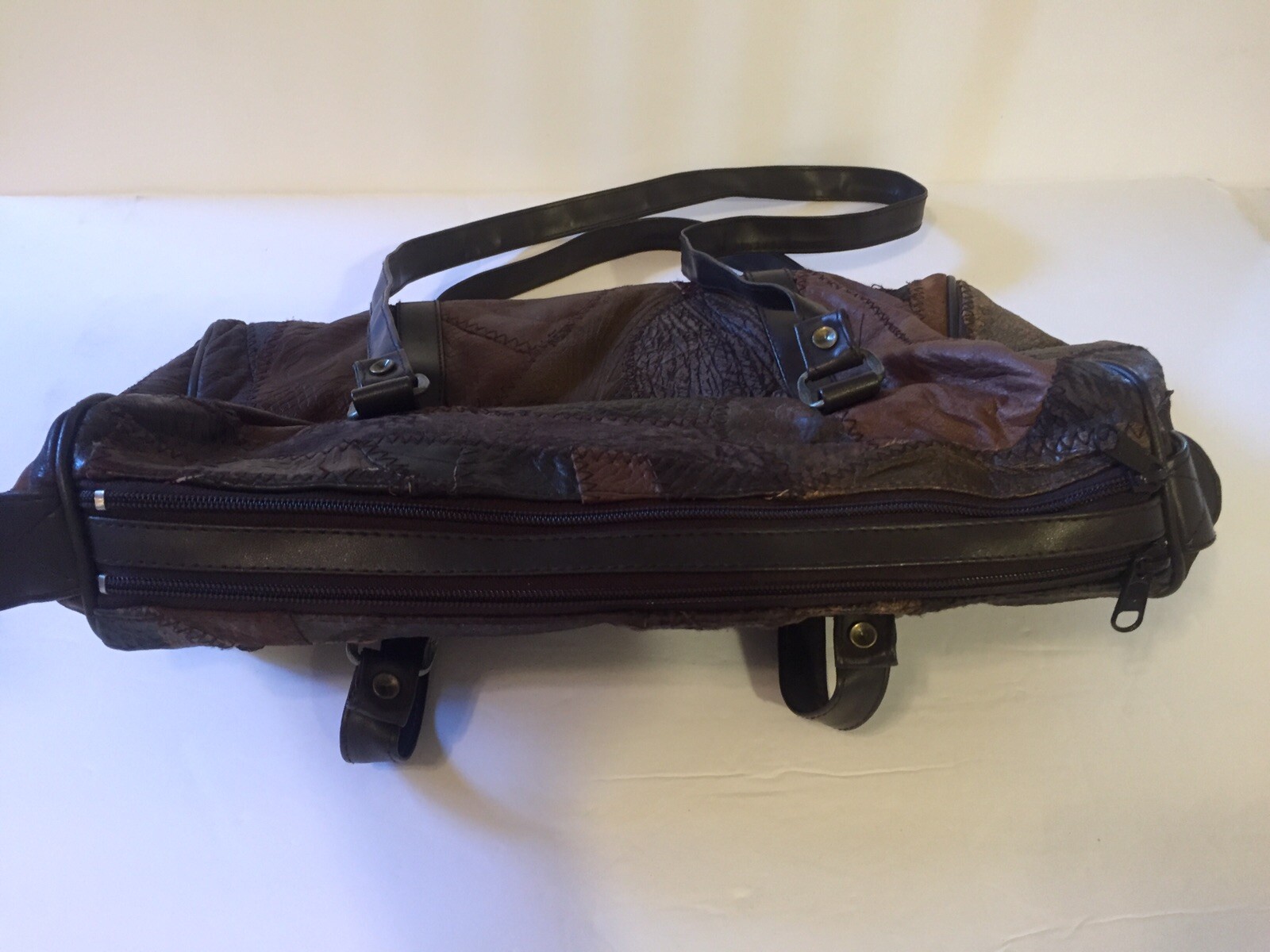 Brown Leather Suede Patchwork Handbag Double Zipp… - image 2