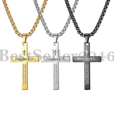Men Cross Pendant Necklace Philippians 4:13 Lords Prayer Stainless Steel Chain