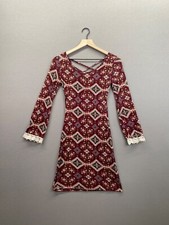 Minette Womens Red Dress Diamond Pattern Long Sleeve Scoop Neck Size Medium