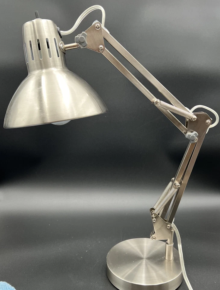 Vintage Brushed Nickel Swing Arm Desk Lamp 26” Adjustable Metal Shade Industrial - Image 4 of 4