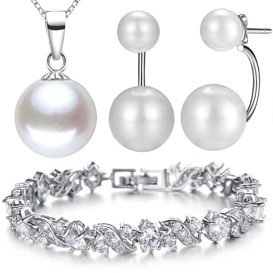 SCHMUCKSET 925 STERLING SILBER PERLEN KETTE OHRRINGE ARMBAND OHRSTECKER PERLE