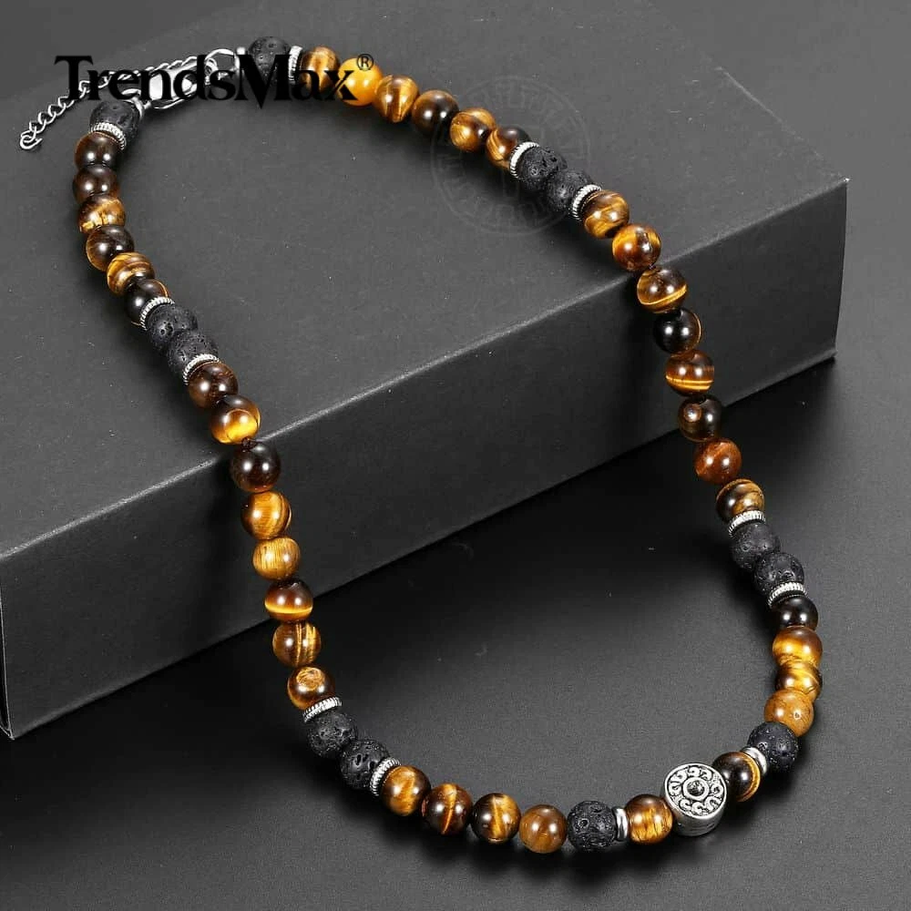 8mm Natural Tiger s Eye Jasper Lava Beads Choker Necklace Men