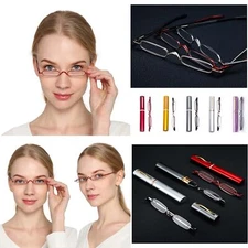 Mini Compact Reading Glasses w/Aluminum Tube Case Men Women Spring Hinge Reader