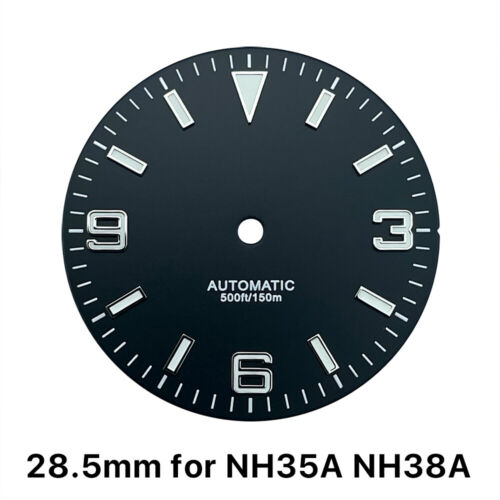 28.5mm Sterile Black Dial Explorer Style Watch Dial No Date for NH38A NH35A BGW9 - Picture 1 of 5