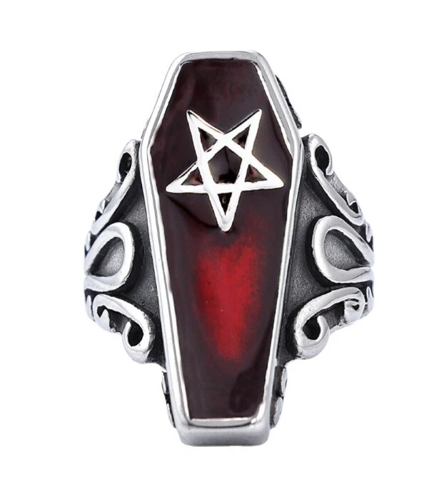 Anillos de ataúd punk de acero inoxidable para hombre gótico zombi vampiro calavera anillo de motociclista Foto 3 de 4