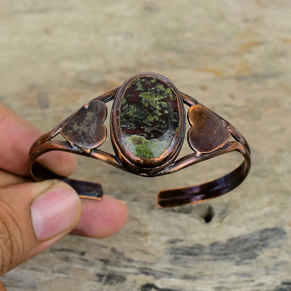 Brazalete Brazalete Cobre Ovalado Natural Dragón Piedra Sangre Electroformado Corazón Bisel Foto 2 de 4