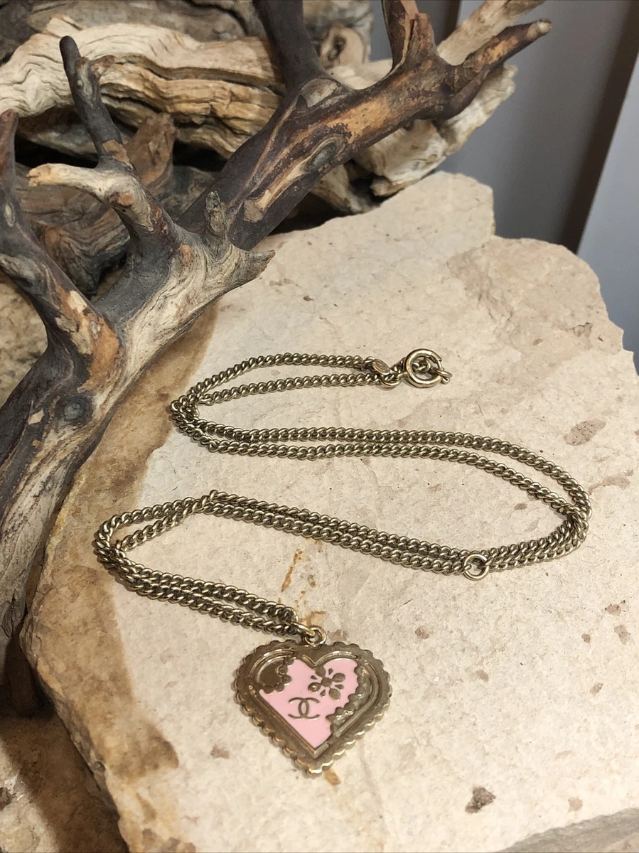 Chanel CC Gold tone Pink Enamel Heart Pendant Necklace 23 1 2