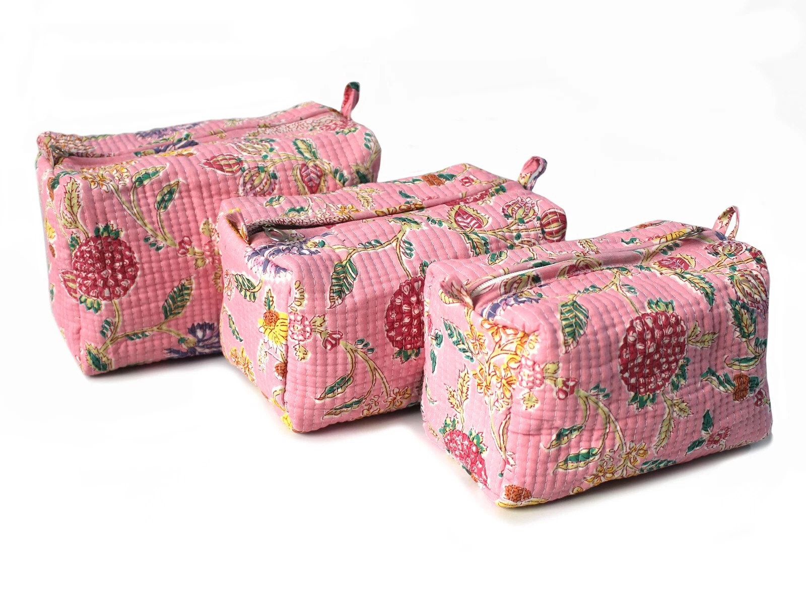 Cotton Quilted Toiletry Purse Cosmetic Storage Bag Of 3 Pc Pink Floral Printed