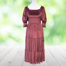 BALTIC BORN Dress Womens Medium Wine Velvet Milkmaid Smocked Tiered Cottagecore