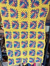 Vintage Granny Square Lap Blanket Cottagecore Grandmacore Yellow Bkgrnd