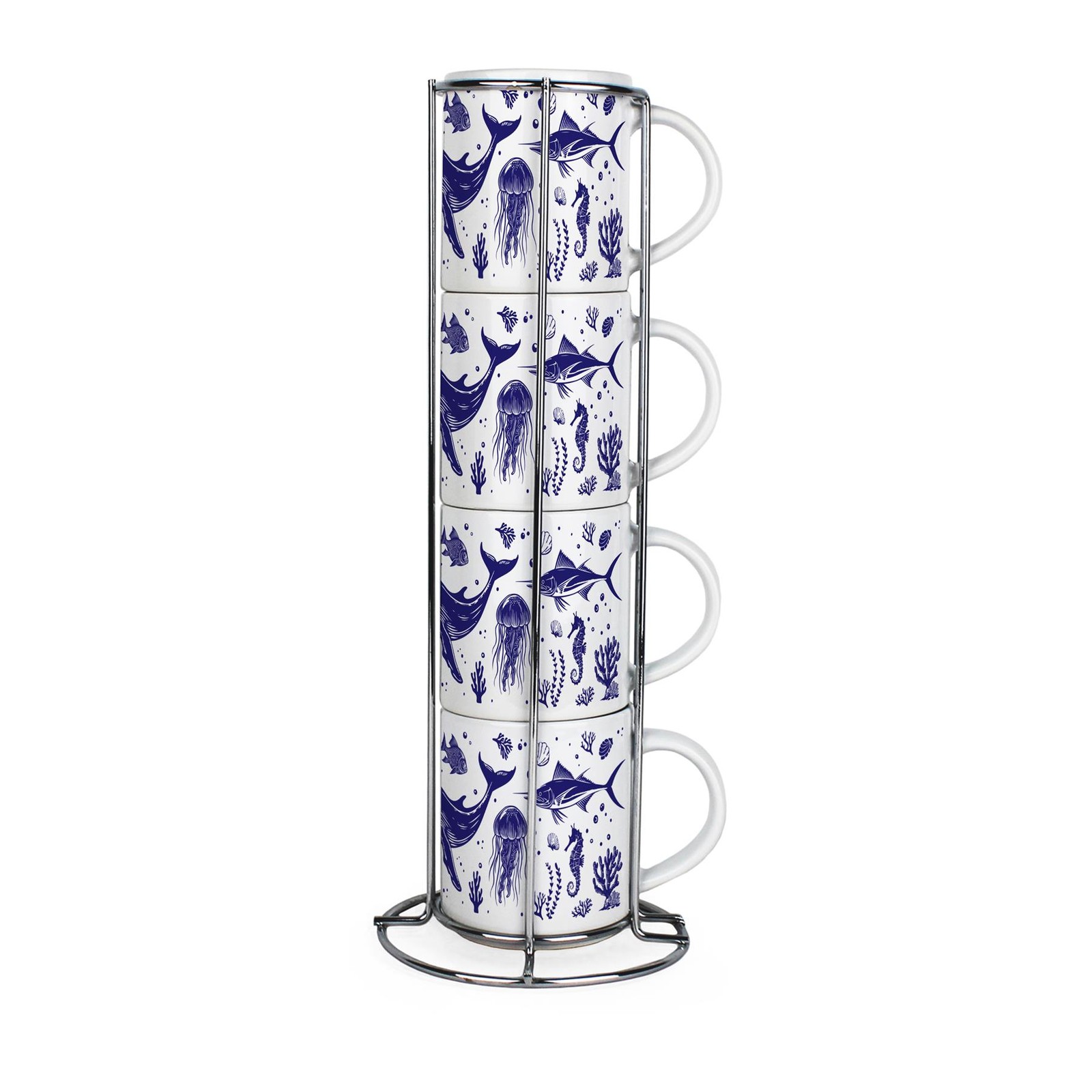 Marine Icons Stacking Mugs - Set of 4 Small Ceramic Cups & Metal Stand