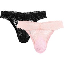 Vinsatin 2 Pcs Sissy Men's Thong Underwear Lace Frilly Large, Black, Pink