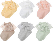 6 Pairs Baby Girls Socks - Newborn Ruffle Lace Princess Frilly Knit Cotton Socks