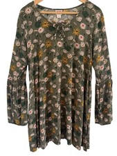 Retro Green Floral Bell Sleeve L Mini Dress Lace-Up Neckline Cottage Fall Boho