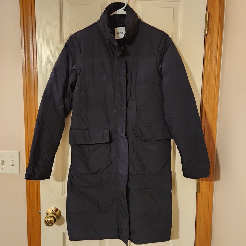 Aspesi Women's Emmina Long Down Jacket Size M Navy Italian Minimalist NO HOOD