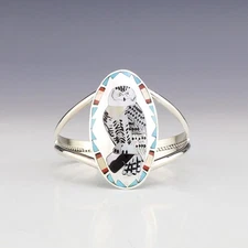 NATIVE AMERICAN ZUNI STERLING SILVER & INLAY OWL BRACELET BY QUINTIN QUAM