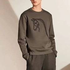 Authentic Hermes Men  s Hooded Sweater w/ Leather Cheval au Trait Gris -US: Small