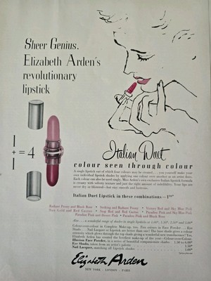 1952 Elizabeth Arden Italian duet pink lipstick vintage Cosmetic art Ad 