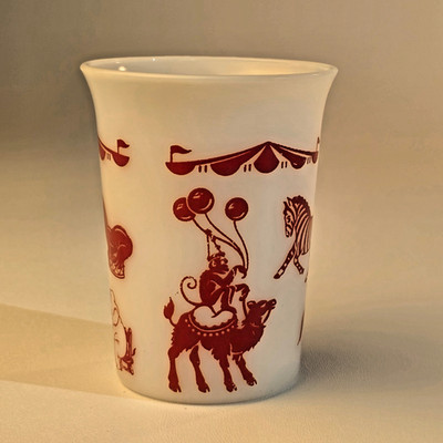VTG Hazel Atlas Circus Animals Milk Glass Tumbler Cup White Red Monkey Camel MCM