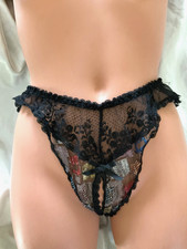 Vintage 80s Pantie Sheer Black Chiffon  Lace Crotchless Panties