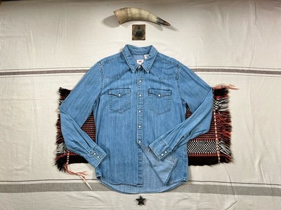Levi's Barstow Western Shirt M 41'' Denim Pearl Snap Mid-Light Blue Slim FreePost