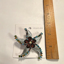 Starfish Brooch Pin Silver Tone Multicolor Rhinestone Crystal Brown Center 3 in