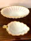 Set of 2 Opaque Shell Shape Milk Glass Scalloped Oval Bowl 12" Leaf 9" Gold Trim